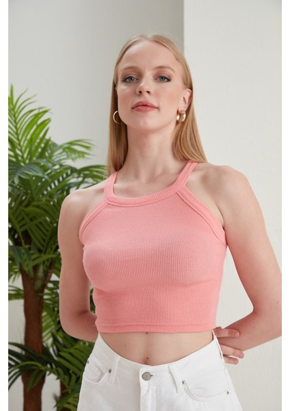 Pudra Fitted/vücuda Oturan Iki Omuzu Açık Miami Fitilli Esnek Örme Bluz