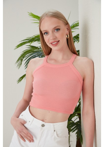 Pudra Fitted/vücuda Oturan Iki Omuzu Açık Miami Fitilli Esnek Örme Bluz