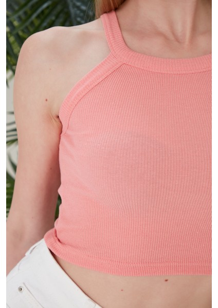 Pudra Fitted/vücuda Oturan Iki Omuzu Açık Miami Fitilli Esnek Örme Bluz