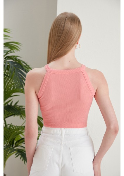 Pudra Fitted/vücuda Oturan Iki Omuzu Açık Miami Fitilli Esnek Örme Bluz