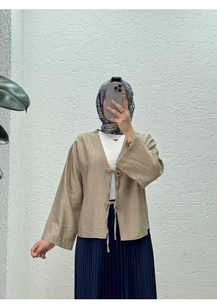 Mirona Ön Bağcıklı Çilek Kumaş Kısa KIMONO-MF210 Vizon