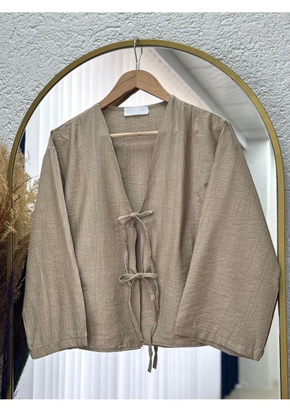 Mirona Ön Bağcıklı Çilek Kumaş Kısa KIMONO-MF210 Vizon fiyatları
