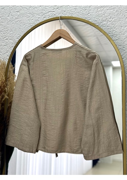 Mirona Ön Bağcıklı Çilek Kumaş Kısa KIMONO-MF210 Vizon indirimleri