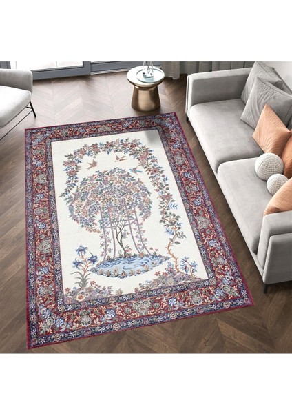 Cansu Koleksiyonu Mavi Bordo Bordür Detaylı Çiçek ve Kuş Desenli Dokuma Taban Dekoratif Halı CANSU19 fırsatları