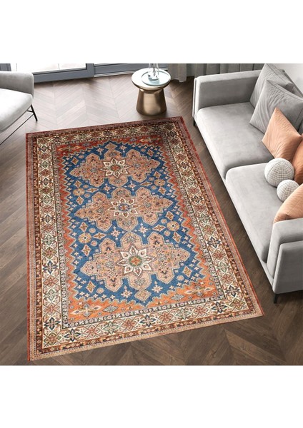 Cansu Koleksiyonu Turuncu Mavi Desenli Dokuma Taban Modern Dekoratif Halı CANSU27 fırsatları