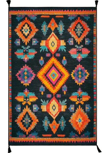 Lumina Siyah Etnik Desenli Dekoratif Bohem Halı Saçaklı Yıkanabilir Tasarım Balkon Halısı