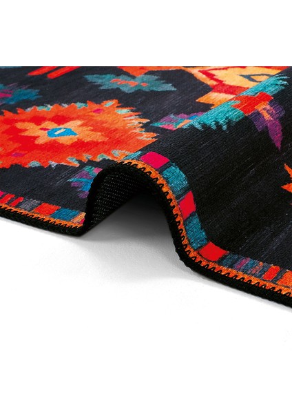 Lumina Siyah Etnik Desenli Dekoratif Bohem Halı Saçaklı Yıkanabilir Tasarım Balkon Halısı