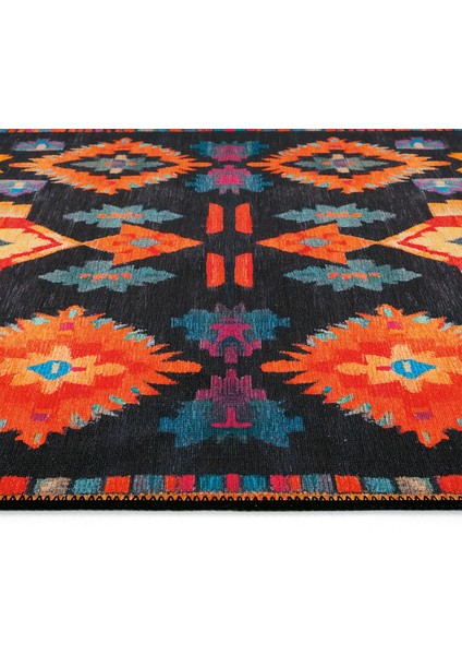 Lumina Siyah Etnik Desenli Dekoratif Bohem Halı Saçaklı Yıkanabilir Tasarım Balkon Halısı