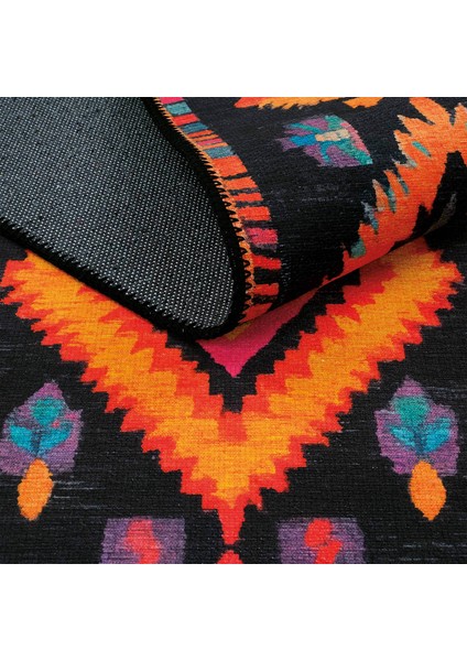 Lumina Siyah Etnik Desenli Dekoratif Bohem Halı Saçaklı Yıkanabilir Tasarım Balkon Halısı