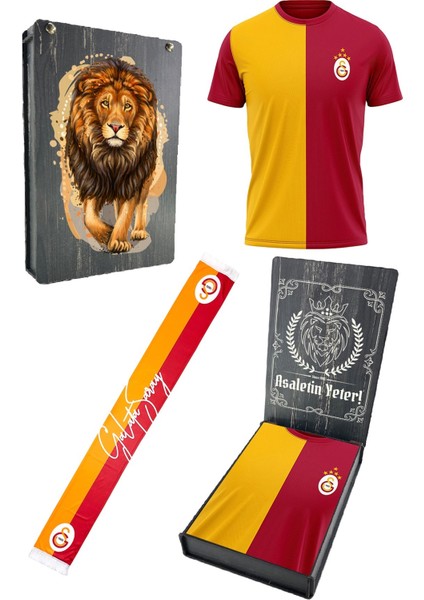 Orijinal Lisanslı 5 Yıldızlı Sarı Kırmızı Erkek T-Shirt + Şal Kaşkol Set Hediyelik Ahşap Kutulu