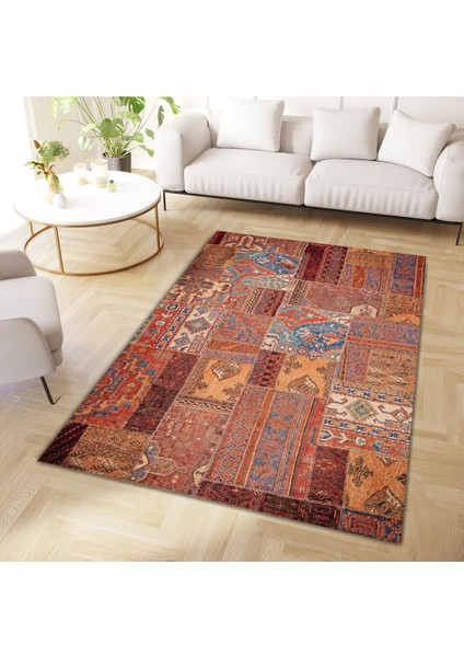 Cansu Koleksiyonu Patchwork Görünümlü Kahverengi Tonlarda Dokuma Taban Modern Dekoratif Halı CANSU05