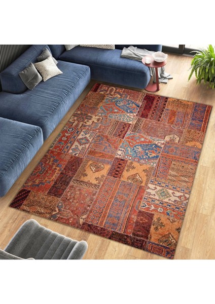 Cansu Koleksiyonu Patchwork Görünümlü Kahverengi Tonlarda Dokuma Taban Modern Dekoratif Halı CANSU05