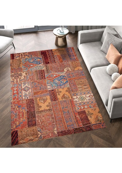 Cansu Koleksiyonu Patchwork Görünümlü Kahverengi Tonlarda Dokuma Taban Modern Dekoratif Halı CANSU05