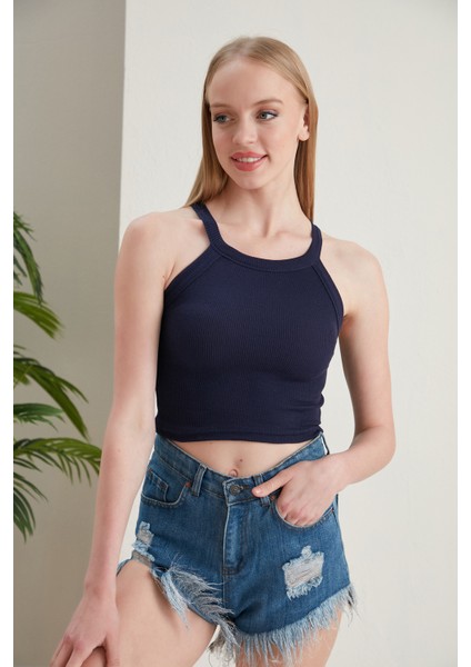 Lacivert Fitted/vücuda Oturan Iki Omuzu Açık Miami Fitilli Esnek Örme Bluz