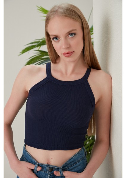 Lacivert Fitted/vücuda Oturan Iki Omuzu Açık Miami Fitilli Esnek Örme Bluz