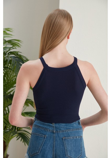 Lacivert Fitted/vücuda Oturan Iki Omuzu Açık Miami Fitilli Esnek Örme Bluz