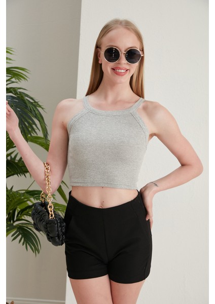 Gri Fitted/vücuda Oturan Iki Omuzu Açık Miami Fitilli Esnek Örme Bluz