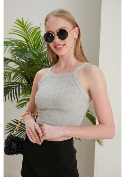 Gri Fitted/vücuda Oturan Iki Omuzu Açık Miami Fitilli Esnek Örme Bluz modelleri