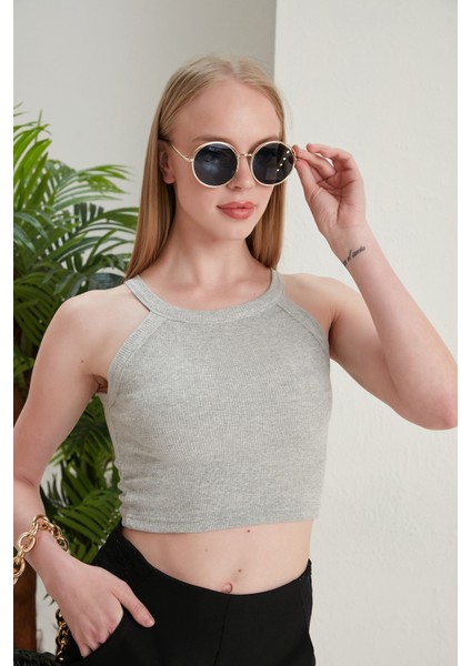 Gri Fitted/vücuda Oturan Iki Omuzu Açık Miami Fitilli Esnek Örme Bluz fırsatları