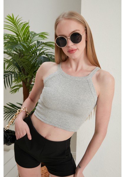 Gri Fitted/vücuda Oturan Iki Omuzu Açık Miami Fitilli Esnek Örme Bluz indirimleri