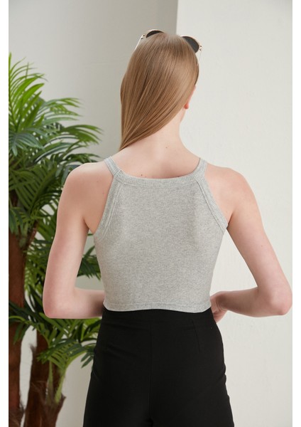 Gri Fitted/vücuda Oturan Iki Omuzu Açık Miami Fitilli Esnek Örme Bluz