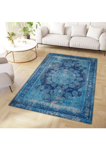 Cansu Koleksiyonu Eskitme Görünümlü Mavi Desenli Dokuma Taban Modern Dekoratif Halı CANSU52