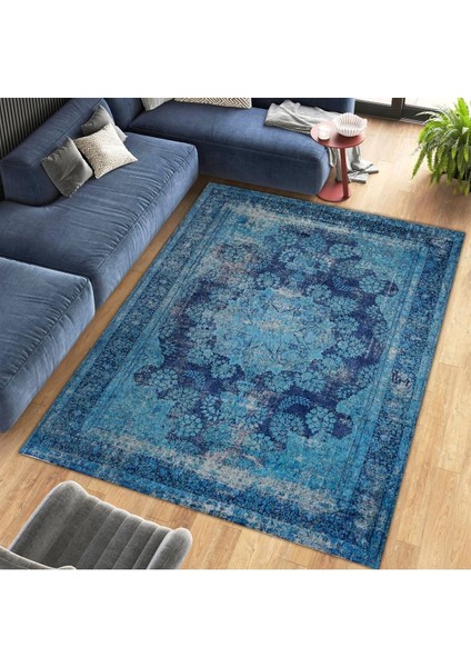 Cansu Koleksiyonu Eskitme Görünümlü Mavi Desenli Dokuma Taban Modern Dekoratif Halı CANSU52 fiyatları