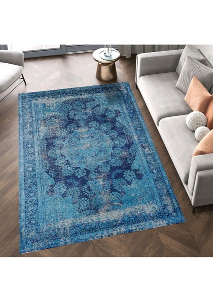 Cansu Koleksiyonu Eskitme Görünümlü Mavi Desenli Dokuma Taban Modern Dekoratif Halı CANSU52 fırsatları