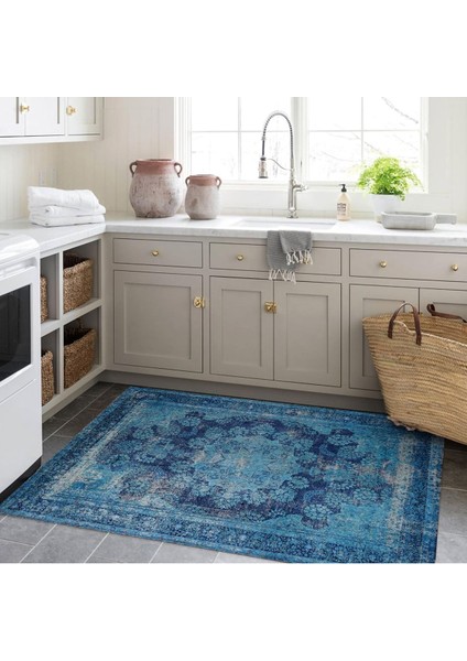 Cansu Koleksiyonu Eskitme Görünümlü Mavi Desenli Dokuma Taban Modern Dekoratif Halı CANSU52 indirimleri