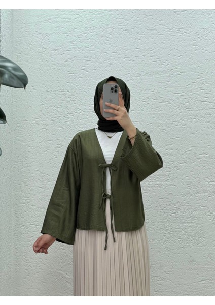 Mirona Ön Bağcıklı Çilek Kumaş Kısa KIMONO-MF210 Haki