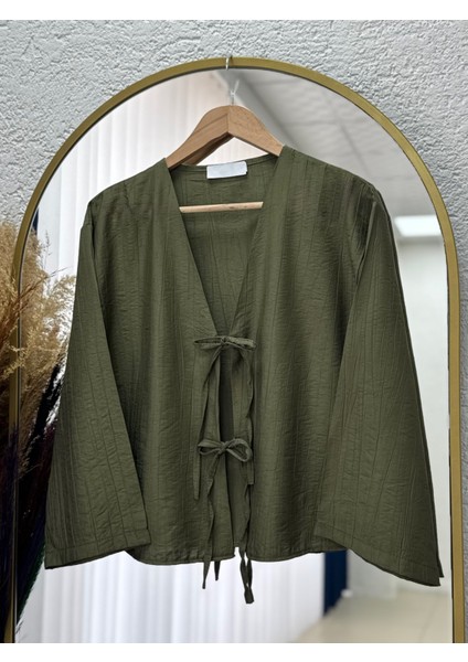 Mirona Ön Bağcıklı Çilek Kumaş Kısa KIMONO-MF210 Haki fiyatları
