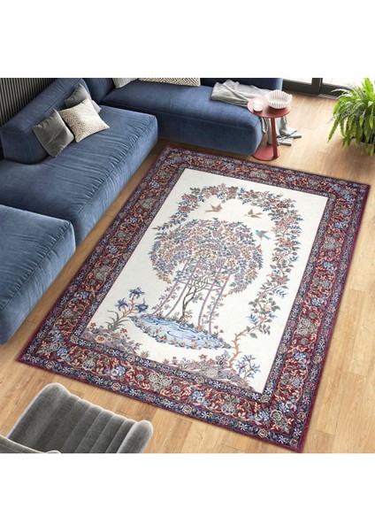 Cansu Koleksiyonu Mavi Bordo Bordür Detaylı Çiçek ve Kuş Desenli Dokuma Taban Dekoratif Halı CANSU19 modelleri