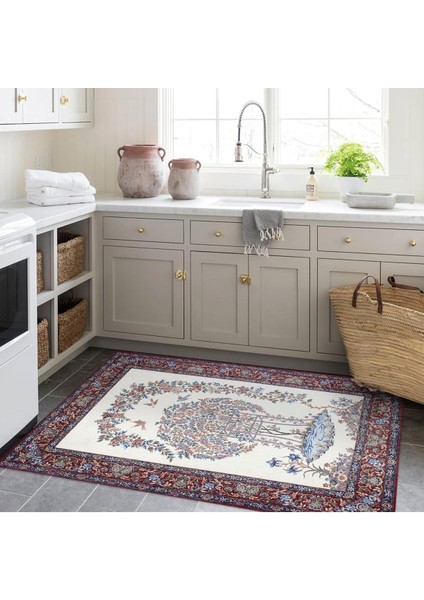 Cansu Koleksiyonu Mavi Bordo Bordür Detaylı Çiçek ve Kuş Desenli Dokuma Taban Dekoratif Halı CANSU19 indirimleri