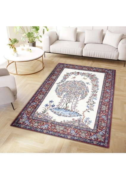 Cansu Koleksiyonu Mavi Bordo Bordür Detaylı Çiçek ve Kuş Desenli Dokuma Taban Dekoratif Halı CANSU19