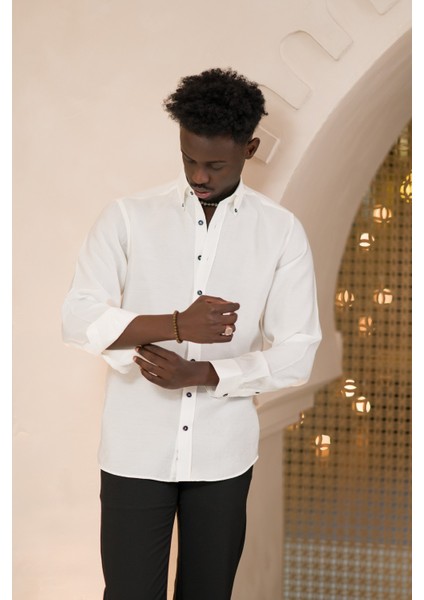 Yaka Düğmeli Yazlık Ince Tiril Tiril %100 Modal Slimfit Gömlek