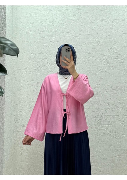 Mirona Ön Bağcıklı Çilek Kumaş Kısa KIMONO-MF210 Pembe