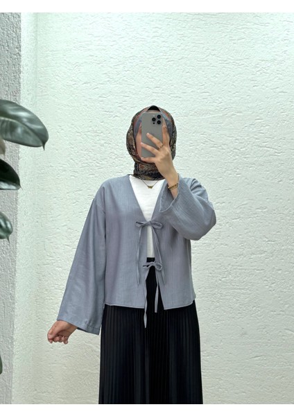 Mirona Ön Bağcıklı Çilek Kumaş Kısa KIMONO-MF210 Gri