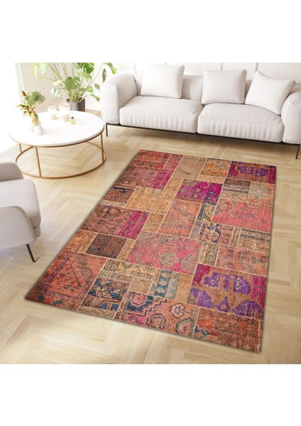 Cansu Koleksiyonu Patchwork Görünümlü Pembe Turuncu Tonlarda Dokuma Taban Dekoratif Halı CANSU06