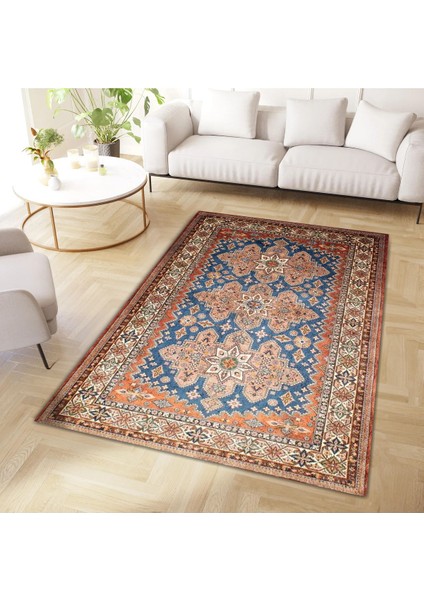 Cansu Koleksiyonu Turuncu Mavi Desenli Dokuma Taban Modern Dekoratif Halı CANSU27