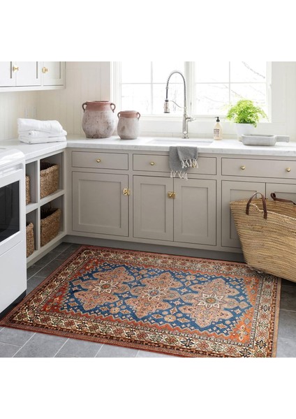 Cansu Koleksiyonu Turuncu Mavi Desenli Dokuma Taban Modern Dekoratif Halı CANSU27 indirimleri