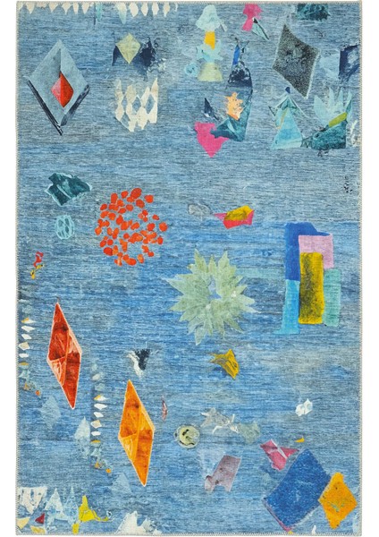 Lumina Mavi Soyut Desenli Sanatsal Modern Tasarım Yıkanabilir Dekoratif Yazlık Ince Halı