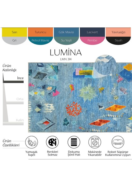 Lumina Mavi Soyut Desenli Sanatsal Modern Tasarım Yıkanabilir Dekoratif Yazlık Ince Halı fiyatları