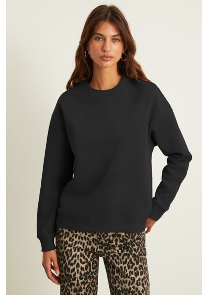 Akselı Kadın Bisiklet Yaka Içi Polarlı Oversize Fit Basic Organik Cotton Siyah Sweatshirt