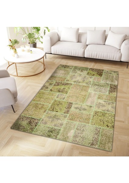 Cansu Koleksiyonu Eskitme Patchwork Görünümlü Yeşil Tonlarda Dokuma Taban Dekoratif Halı CANSU09