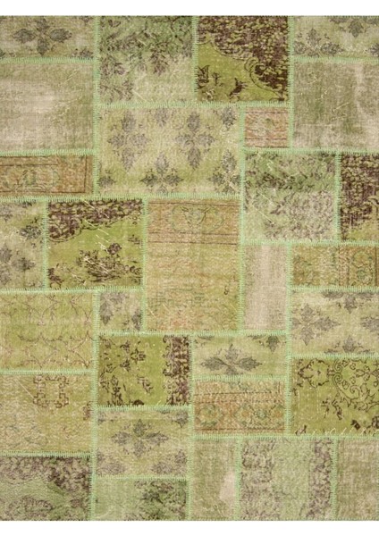 Cansu Koleksiyonu Eskitme Patchwork Görünümlü Yeşil Tonlarda Dokuma Taban Dekoratif Halı CANSU09
