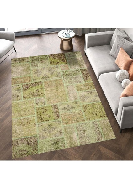 Cansu Koleksiyonu Eskitme Patchwork Görünümlü Yeşil Tonlarda Dokuma Taban Dekoratif Halı CANSU09