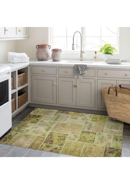 Cansu Koleksiyonu Eskitme Patchwork Görünümlü Yeşil Tonlarda Dokuma Taban Dekoratif Halı CANSU09