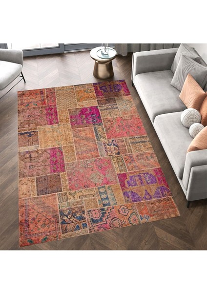 Cansu Koleksiyonu Patchwork Görünümlü Pembe Turuncu Tonlarda Dokuma Taban Dekoratif Halı CANSU06