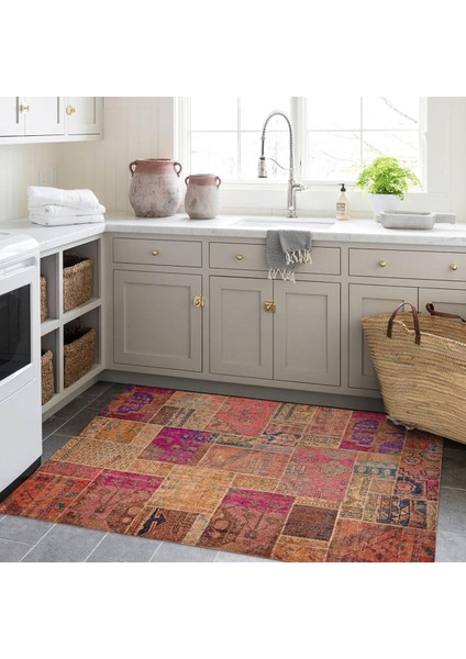 Cansu Koleksiyonu Patchwork Görünümlü Pembe Turuncu Tonlarda Dokuma Taban Dekoratif Halı CANSU06