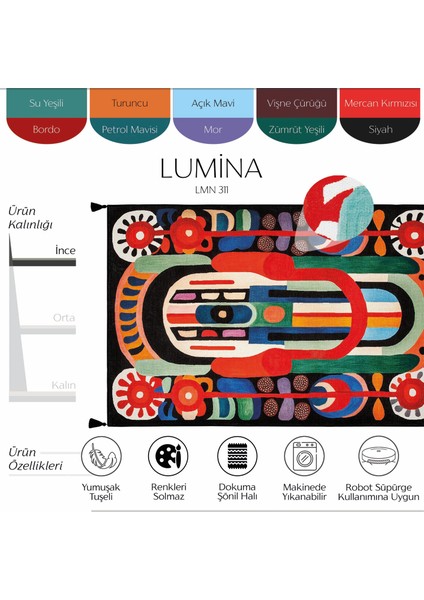 Lumina Siyah Soyut Desenli Dekoratif Halı Saçaklı Yıkanabilir Tasarım Salon Balkon Halısı